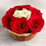 Unique Basket with Red Roses and Single White Rose