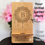Personalized Floral Mandala: Engraved Wooden Mobile Holder Personalized Floral Mandala: Engraved Wooden Mobile Holder