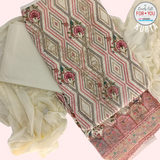 Unstitched Light Yellow Cotton Kurta Set with Multi-Color Geometric Prints