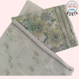 Pure Elegance: Unstitched White Cotton Kurta Set with Green Floral Patterns