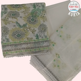 Pure Elegance: Unstitched White Cotton Kurta Set with Green Floral Patterns