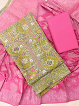 Mehendi Green Kurtha Piece with Hibiscus Pink Shawl