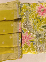 Elegant Yellow Muslin Silk Unstitched Kurta Piece with Multicolor Floral  Print Elegant Yellow Muslin Silk Unstitched Kurta Piece with Multicolor Floral  Print