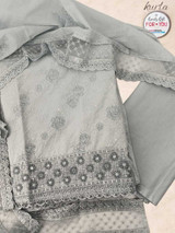 Cotton Unstitched Kurta Piece – Grey with Floral Beadwork