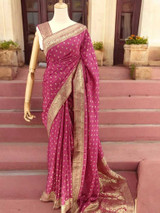 Dark Pink Dola Silk Saree with Leaf & Floral Pattern