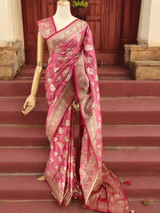 Pink Sattern Silk Saree with Golden Embroidery & Sitara Work