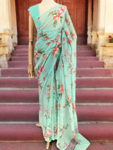 Sea Green Chiffon Saree with Floral Design