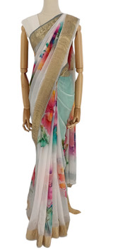 Elegant White French Chiffon Saree with Pink & Green Floral