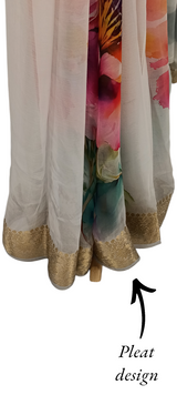 Elegant White French Chiffon Saree with Pink & Green Floral