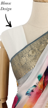 Elegant White French Chiffon Saree with Pink & Green Floral