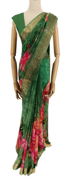 Graceful Green Floral Chiffon Saree with Golden Border