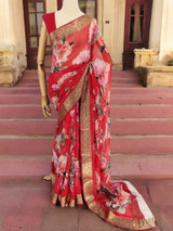 Red French Chiffon Saree with Pink Floral Print