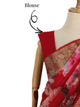 Red French Chiffon Saree with Pink Floral Print