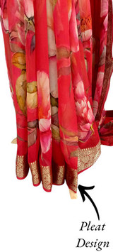 Red French Chiffon Saree with Pink Floral Print