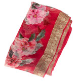 Red French Chiffon Saree with Pink Floral Print