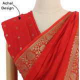 Blood red Chiffon saree With Golden Flower Patterned Border Giftmandu
