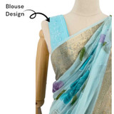 Sky Blue French Chiffon Saree with Floral Print & Golden Border