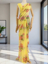 Light Yellow Chiffon Saree with Floral Design