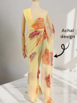 Light Yellow Chiffon Saree with Red & Orange Floral Print Giftmandu