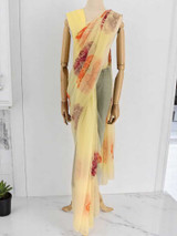 Light Yellow Chiffon Saree with Red & Orange Floral Print