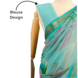 Sea Green Chiffon Saree With Golden Floral Border Giftmandu