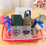 Dad & Mom Gift Basket with Cozy Shawl, Muffler, Mug & Wallet