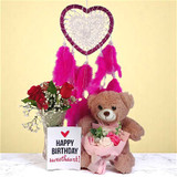 Romantic Rose Vase And Teddy Combo with Dreamcatcher
