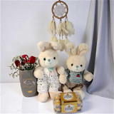 Couple Bunny Gift with Roses, Ferrero Rocher & Dreamcatcher Decor