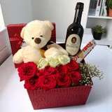 Romantic Elegance Gift Set With Roses, Wine & Teddy Bear