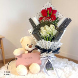 Rose Bouquet with Cream Teddy And Custom Name Purse NKS-874