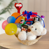 Birthday Gift Basket with Teddy, Perfume & Balloon for Her