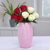 Classic Love: Fresh Red & White Roses in Pink Ceramic Vase 9.5'' BPL-635