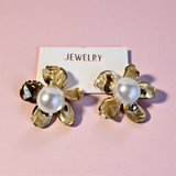 Golden Two Layer Flower with Pearl Earrings JR-317