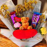 Chocolates & Crochet Flowers Bouquet with Cute Teddy JNK-5707