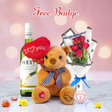 Rose Bouquet with White Wine 750ml & Teddy Gift Combo