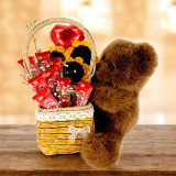 Teddy with Chocolates & Sunflower Crochet Gift Basket JNK-5938