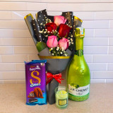 Romantic Rose Bouquet with Red Wine, Chocolate & Candle JNK-6130