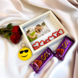 Personalized Photo Frame Combo with Roses, Chocolates & Emoji Keyring JNK-6262
