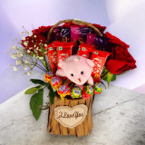 Chocolates, Roses & Teddy Keyring Basket JNK-6278