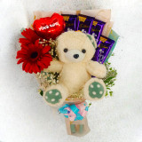 White Teddy with Red Gerbera Daisy Flower & Chocolates Bouquet