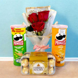 Sweet & Savory Surprise Gift Hamper With Fresh Red Roses Bouquet SK-1586