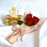 White Marble Lord Ganesh Statue Gift Set with Ferrero Rocher & Red Roses Bouquet SK-1599