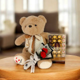 Cuddly Teddy, Ferrero Box & Crochet Flowers Bouquet Gift Set BPl-882