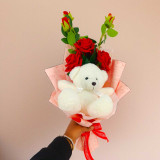 Adorable White Teddy with Artificial Red Roses Bouquet SK-1695
