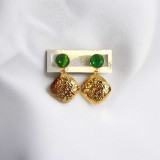 Hammered Rhombus Gold Dangle Earrings with Green Gemstone Accent JR-356