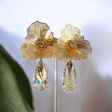 Gold-Tone Brass Flower Stud Earrings with Teardrop Crystal Dangle