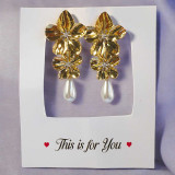 Elegant Gold Floral Drop Earrings with Dangling Pearl JR-341