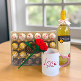 Sweet Wine with Romantic Crochet Rose, Ferrero Chocolates & Lovely Mug