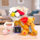 Special Surprise Gift Set with Teddy, Necklace & Crochet Roses Bouquet SK-2201