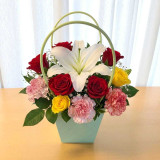 Vibrant Roses and Carnations Flower Basket with White Lily Accent SK-2217